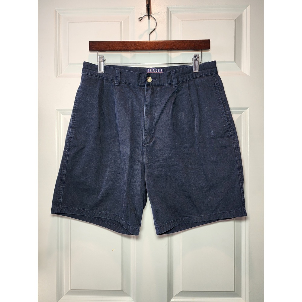 Trader Bay Mens 32 Navy Blue Pleated Cotton Chino Shorts Vintage 90s Relaxed Fit